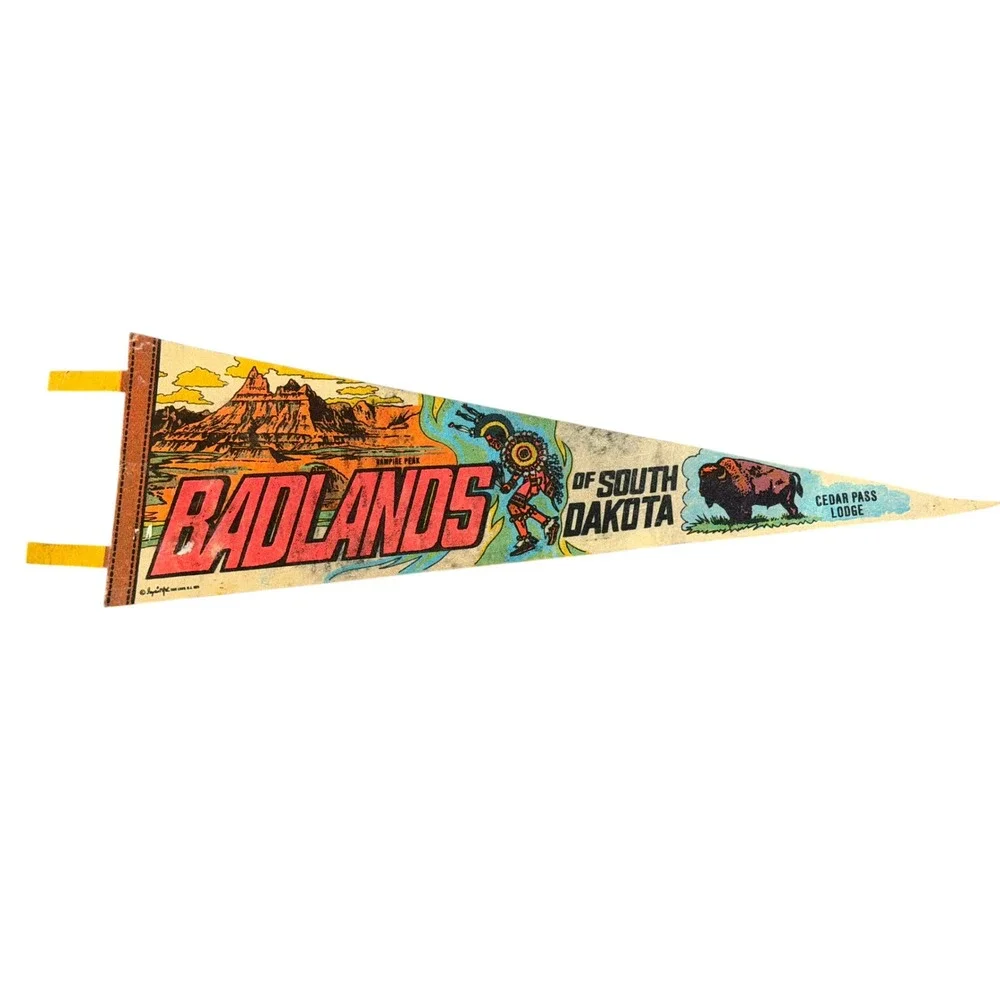 Vintage 1970 Badlands South Dakota Souvenir Pennant Cedar Pass Lodge Bison Impko